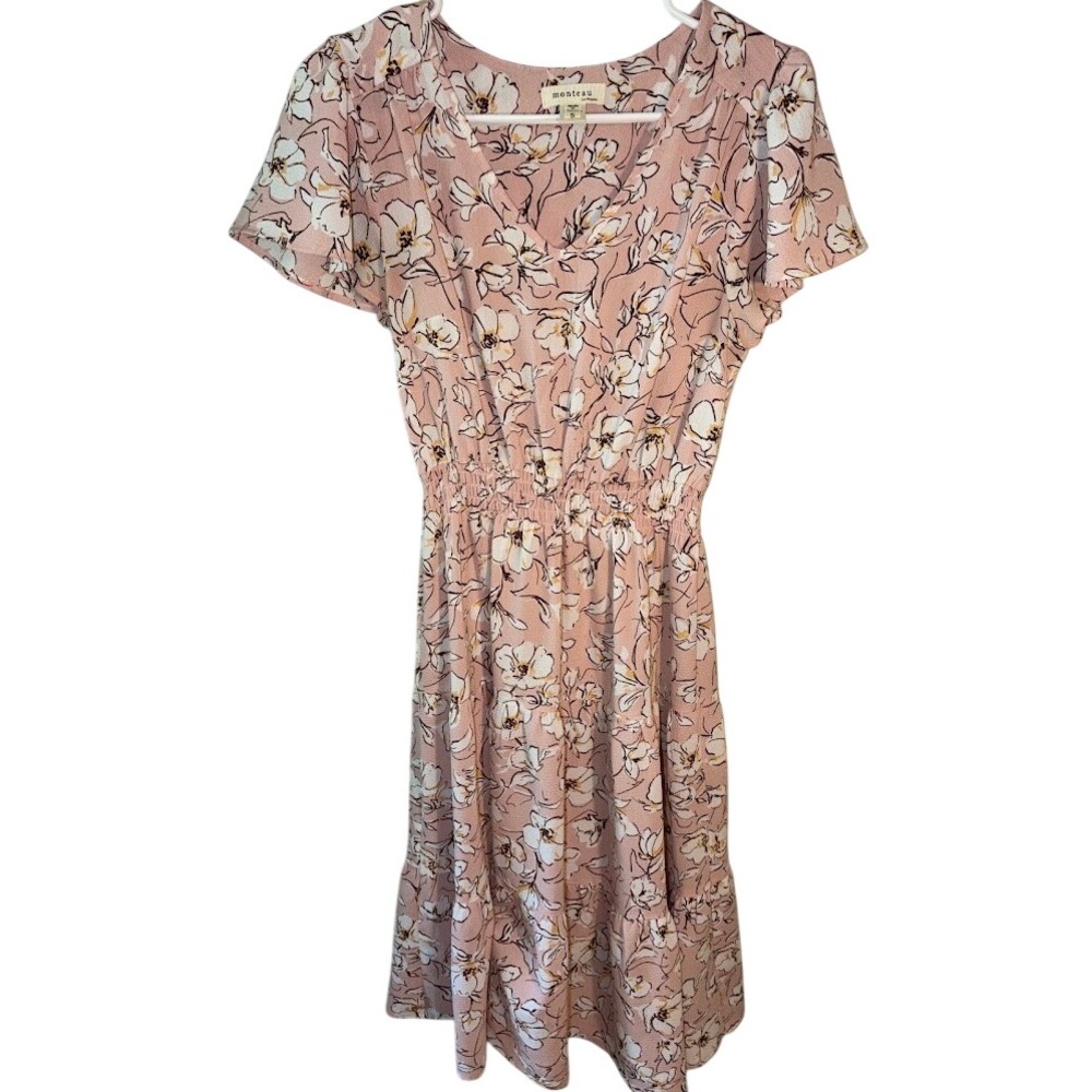 Monteau Los Angeles Womens Pink Floral Smocked Waist Flutter Sleeve Dress Size S